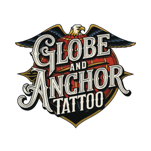 Globe and Anchor Tattoo logo with eagle and vintage typography