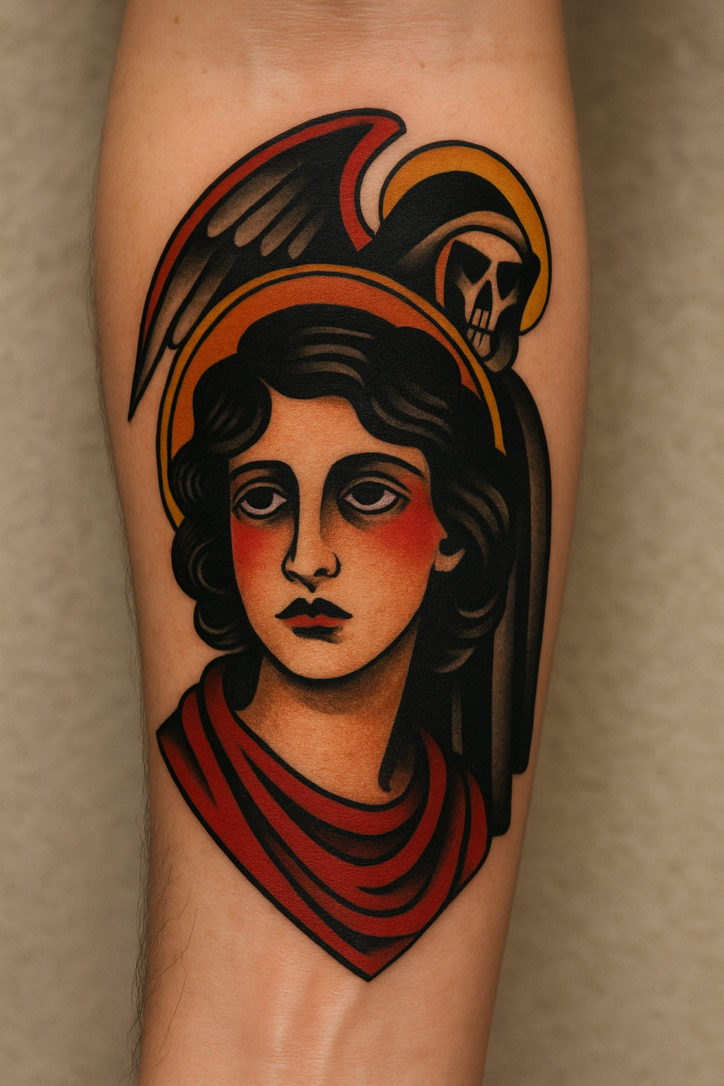 Traditional tattoo of woman with skull shadow in red and black colors